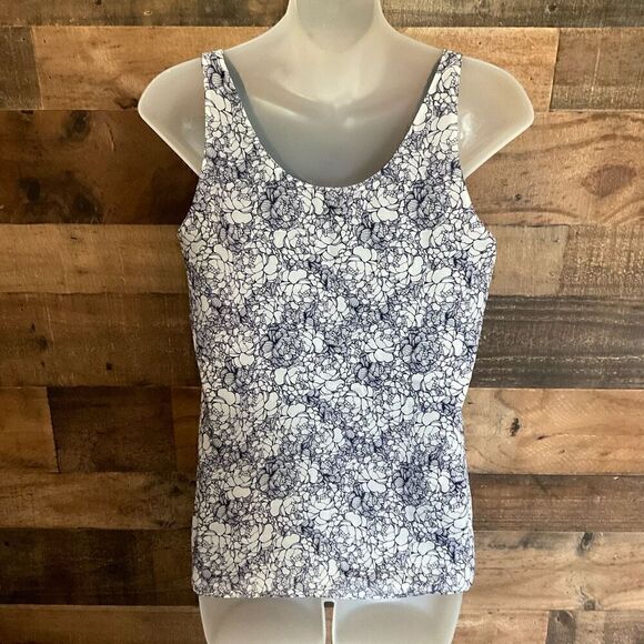Loft Ann Taylor Blouse Tank Top Round Neck Blue White Lined 3 Button Front XS - Picture 11 of 12